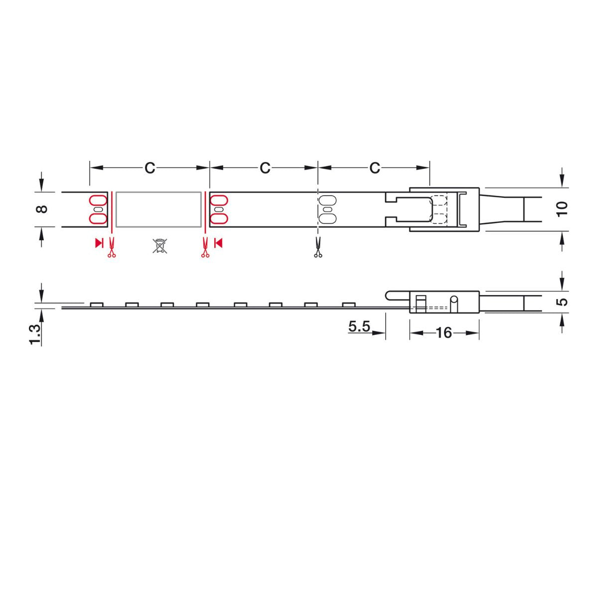 Tira LED, Häfele Loox5 LED 2065 12 V 8 mm 2 polos (monocromo), 120 LED/m, 4,8 W/m, IP20 833.74.356