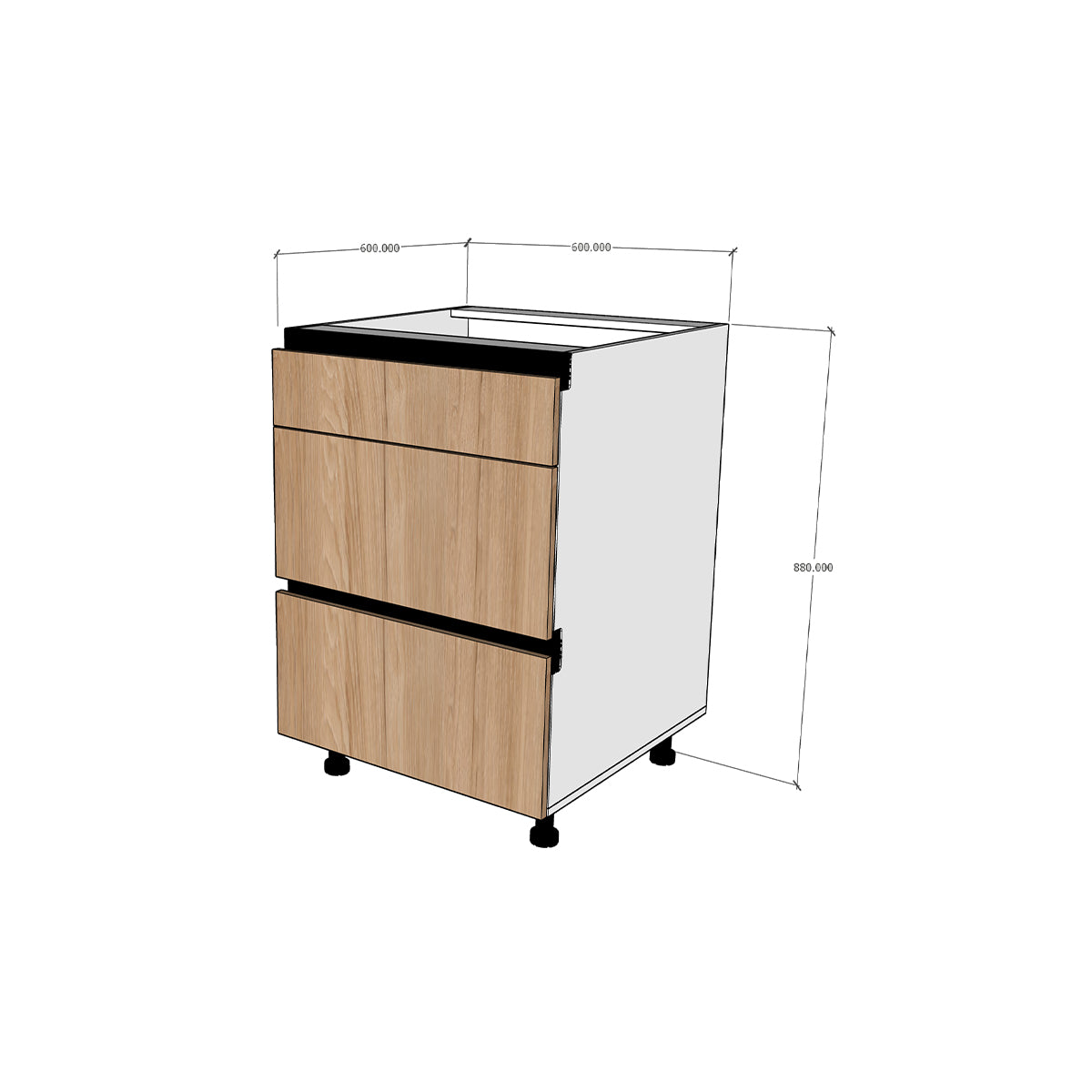 Módulo Gabinete bajo cocina 60 cm Cajón (1 chico + 2 grandes) Textura perfil Gola Metal Box