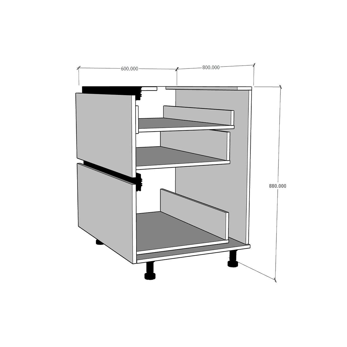 Módulo Gabinete bajo cocina 80 cm Cajón (1 oculto + 2 grandes) Alto Brillo Gola Metal Box