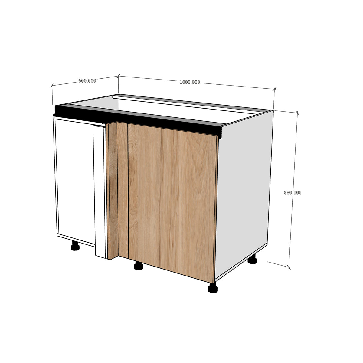 Módulo Gabinete bajo cocina esquinero una puerta abatible Textura perfil Gola Cierre Suave